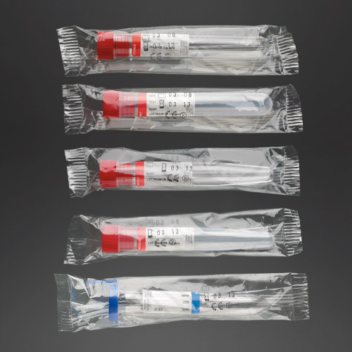 Tube à essai 12 ml conique en PS bouchon bleu avec étiquette emballage individuel stérile embouchure large