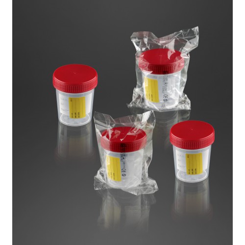 Pot à urine 120 ml avec étiquette avec bouchon à vis rouge emballage individuel cleanroom ISO 8