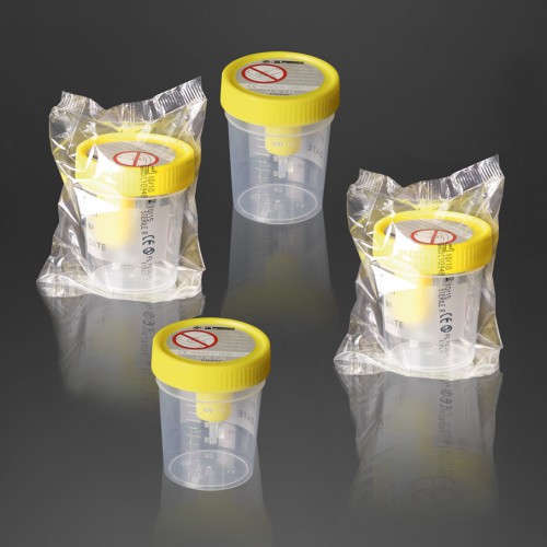 Pot à urine avec surface d'écriture et système d'aspiration pour tubes sous vide bouchon jaune cleanroom ISO 8 emballage individuel