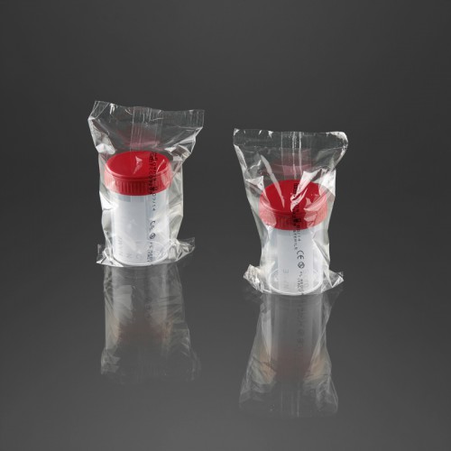 Pot à urine avec surface d'écriture 60 ml cleanroom ISO 8 avec bouchon à vis rouge emballage individuel