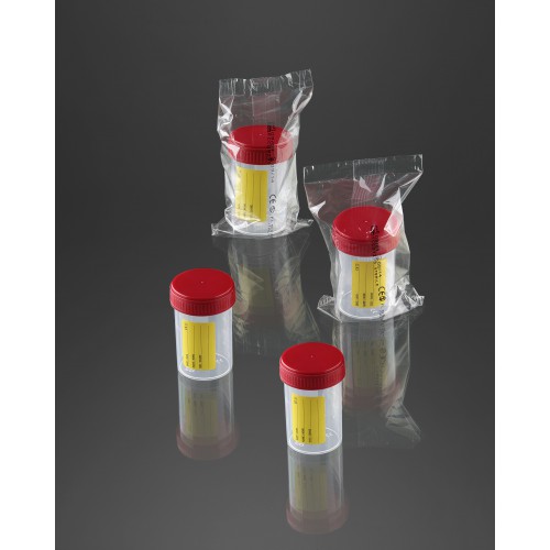 Pot à urine avec étiquette 60 ml avec bouchon rouge cleanroom ISO 8 emballage individuel